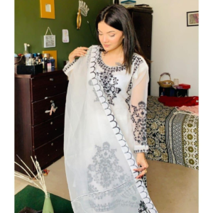 3 piece stitched organza white
